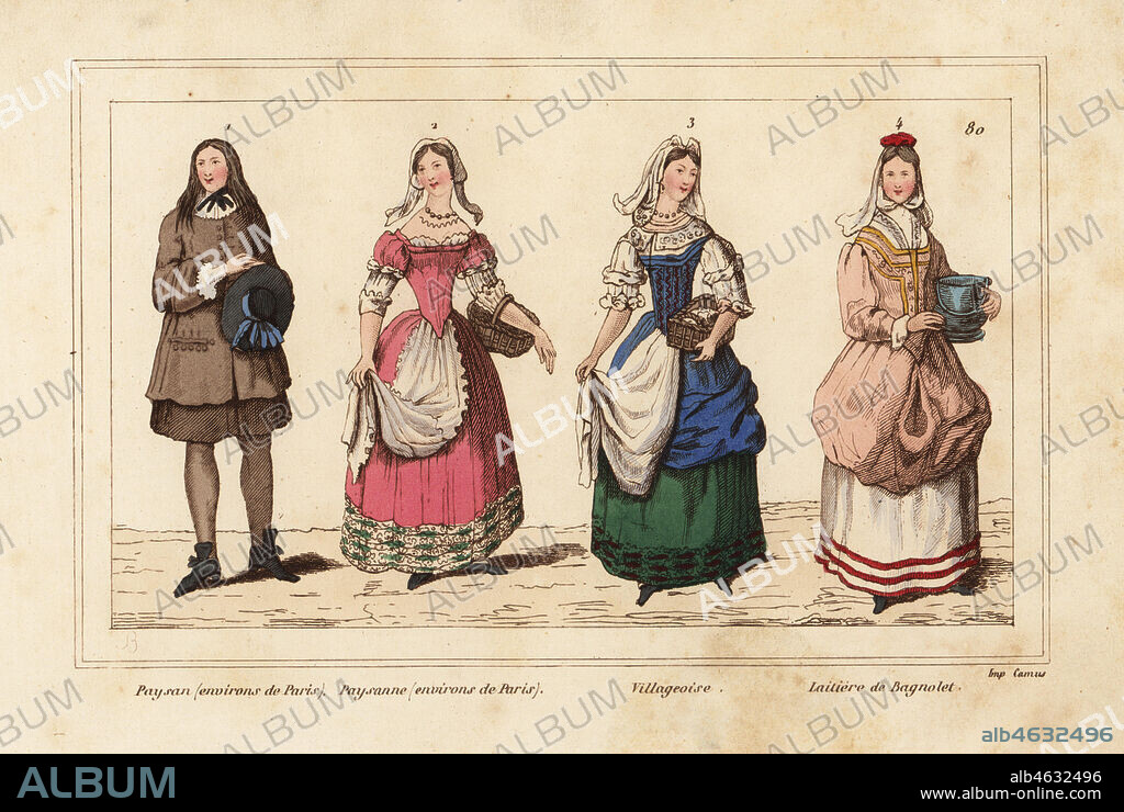 Costumes of the peasantry, France, 18th century. Peasants (near Paris), villager and milkmaid of Bagnolet. Handcoloured lithograph after portraits in Roger de Gaignieres' gallery portfolios from Le Bibliophile Jacob aka Paul Lacroix's Costumes Historiques de la France (Historical Costumes of France), Administration de Librairie, Paris, 1852.