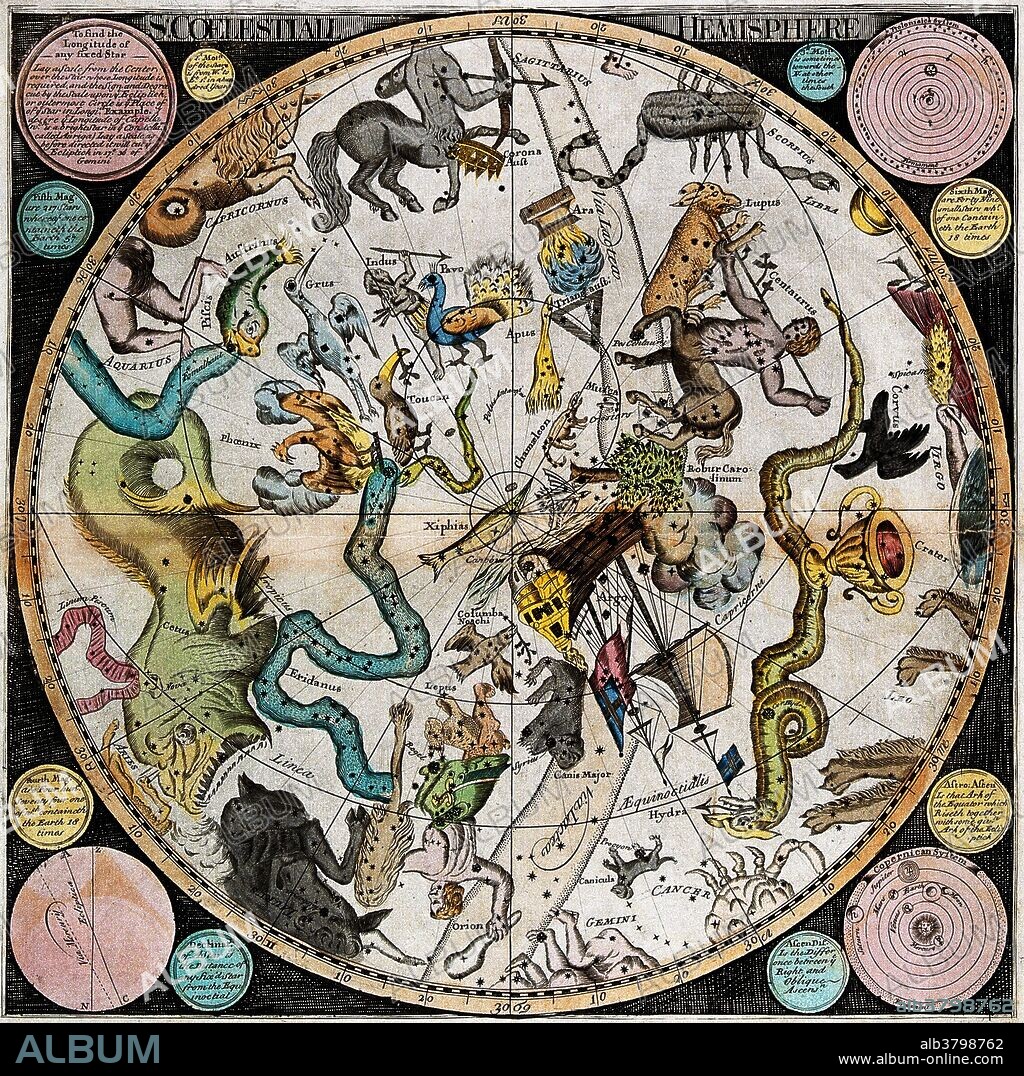 A star map of the night sky in the southern hemisphere, with the names of the constellations. Colored engraving by James Barlow, 1790, published in London.