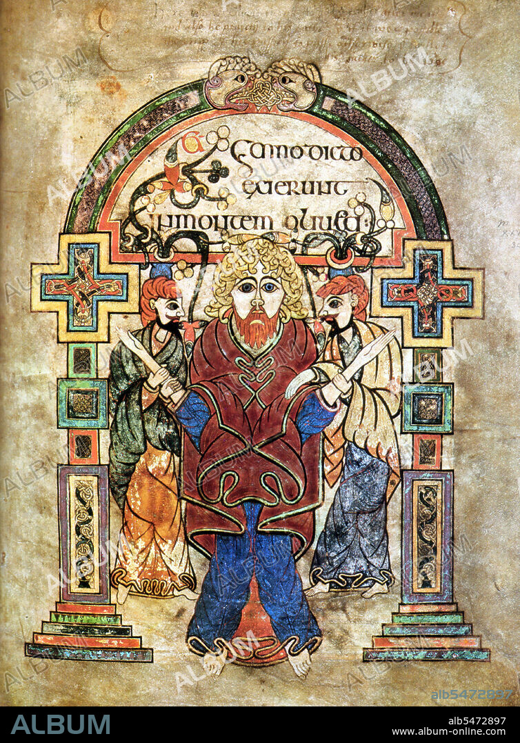 The Book of Kells (Irish: Leabhar Cheanannais) (Dublin, Trinity College Library, MS A. I. (58), sometimes known as the Book of Columba) is an illuminated manuscript Gospel book in Latin, containing the four Gospels of the New Testament together with various prefatory texts and tables. It was created by Celtic monks ca. 800 or slightly earlier. The text of the Gospels is largely drawn from the Vulgate, although it also includes several passages drawn from the earlier versions of the Bible known as the Vetus Latina. It is a masterwork of Western calligraphy and represents the pinnacle of Insular illumination. It is also widely regarded as Ireland's finest national treasure. The illustrations and ornamentation of the Book of Kells surpass that of other Insular Gospel books in extravagance and complexity. The decoration combines traditional Christian iconography with the ornate swirling motifs typical of Insular art. Figures of humans, animals and mythical beasts, together with Celtic knots and interlacing patterns in vibrant colours, enliven the manuscript's pages. Many of these minor decorative elements are imbued with Christian symbolism and so further emphasise the themes of the major illustrations. The manuscript today comprises 340 folios and, since 1953, has been bound in four volumes. The leaves are on high-quality calf vellum, and the unprecedentedly elaborate ornamentation that covers them includes ten full-page illustrations and text pages that are vibrant with decorated initials and interlinear miniatures and mark the furthest extension of the anti-classical and energetic qualities of Insular art. The Insular majuscule script of the text itself appears to be the work of at least three different scribes. The lettering is in iron gall ink, and the colours used were derived from a wide range of substances, many of which were imports from distant lands. The manuscript takes its name from the Abbey of Kells that was its home for centuries. Today, it is on permanent display at the Trinity College Library, Dublin.