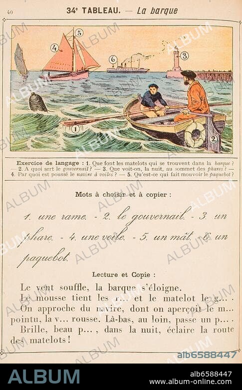Literatur / Kinderbuch / Schulbuch. /-"La barque" (Das Boot;-Ruderboot, Segelboot, Passagierschiff und Leuchtturm).-/ Illustration und Übungstext mit den einzufügenden neuen Vokabeln, Kapitel IV, A la ville, 34.Bild. Farblithographie nach Zeichnung von H. Thiriet. Aus: Mathieu Fournier, Le Noveau vocabulaire des petits, Alb...