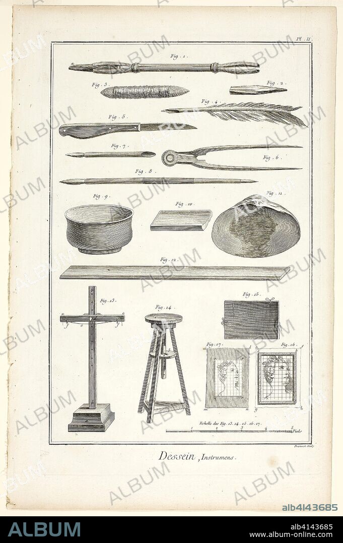 BENOÎT-LOUIS PRÉVOST. Design: Instruments, from Encyclopédie. Benoît-Louis Prévost (French, c. 1735-1809); published by André le Breton (French, 1708-1779), Michel-Antoine David (French, c. 1707-1769), Laurent Durand (French, 1712-1763), and Antoine-Claude Briasson (French, 1700-1775). Date: 1762-1777. Dimensions: 320 × 210 mm (image); 355 × 225 mm (plate); 400 × 260 mm (sheet). Engraving on cream laid paper. Origin: France.