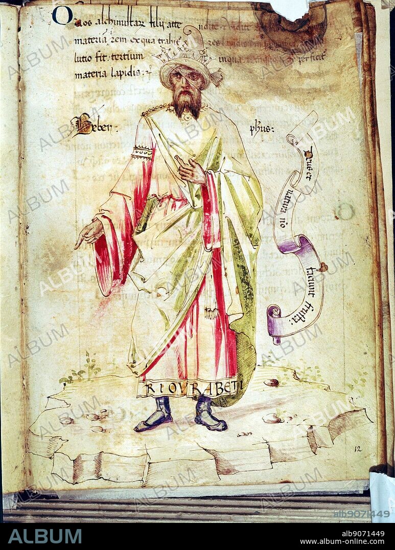 Jabir Ibn Hayyan, Abu Musa (c721-c815 - Al Jabir: Geber) Arab alchemist. Court physician to Harun al-Rashid. From manuscript in Biblioteca Medicea Laurensiana, Florence, Italy.
