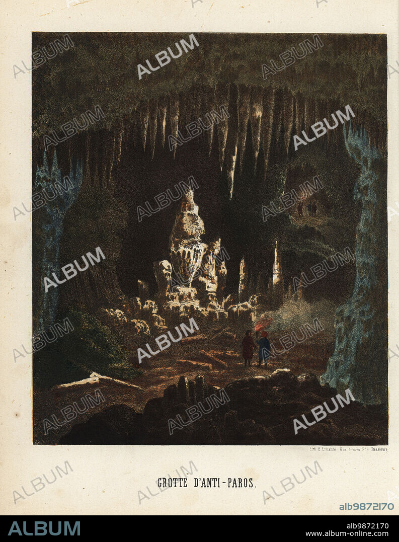 View of the interior of the Cave of Antiparos, Cyclades, Greece, 19th century. A guide with torch shows a tourist the stalactites and stalagmites. Grotte dAnti-Paros. Handcolored lithograph by Emile Lemaitre from Munerelles Les Phenomenes et Curiosites de la Nature (Natural Phenomena and Curiosities), Libraire Derivaux, Strasbourg, 1856.
