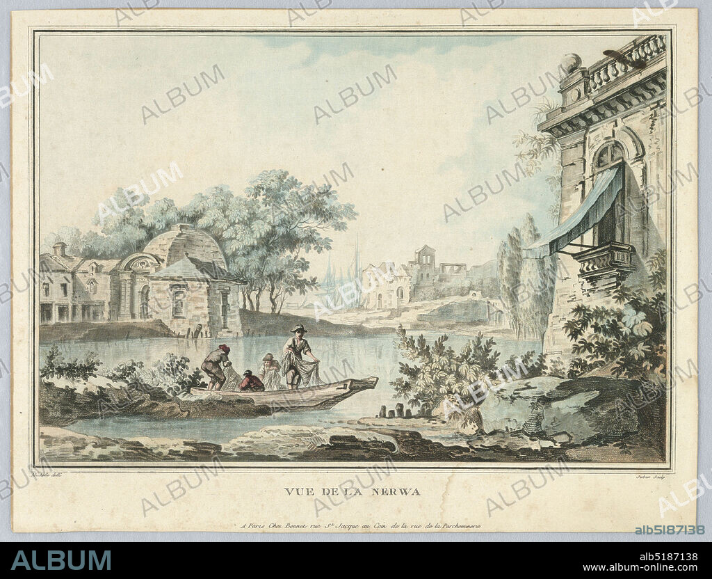 Vue de la Nerwa, C L Jubier, French, active 1770 - 1781, Louis-Marin Bonnet, French, 1736 - 1793, MIchelle, French, active late 18th century, color aquatint on paper, Europe and USA, 17601780, Print, Print.