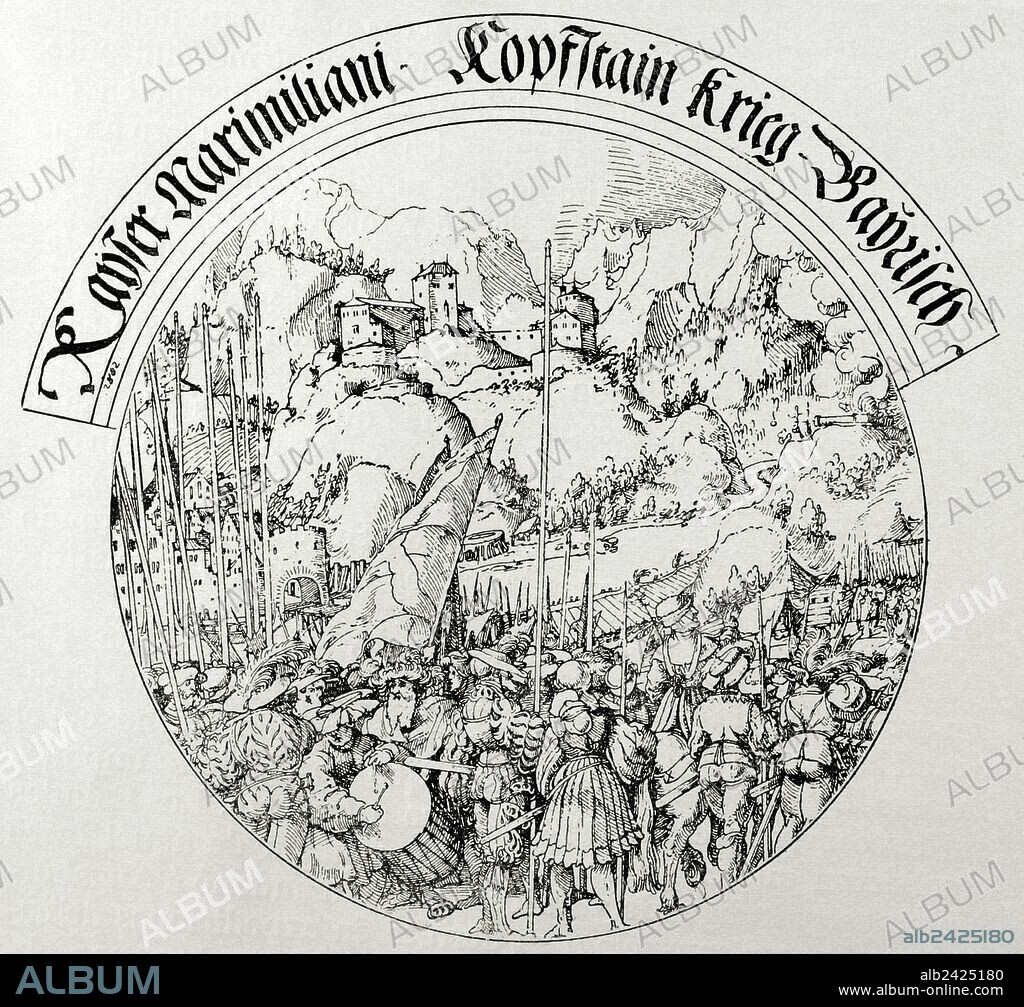 Guerra de Sucesión de Landshut (1503-1505). El emperador Maximiliano I (1459-1519), toma el territorio en torno a Kufstein para sí mismo como recompensa a su mediación (1505) en la guerra entre los Ducados de Baviera-Múnich y Baviera-Landshut. Grabado de "El Universo Ilustrado", 1882.