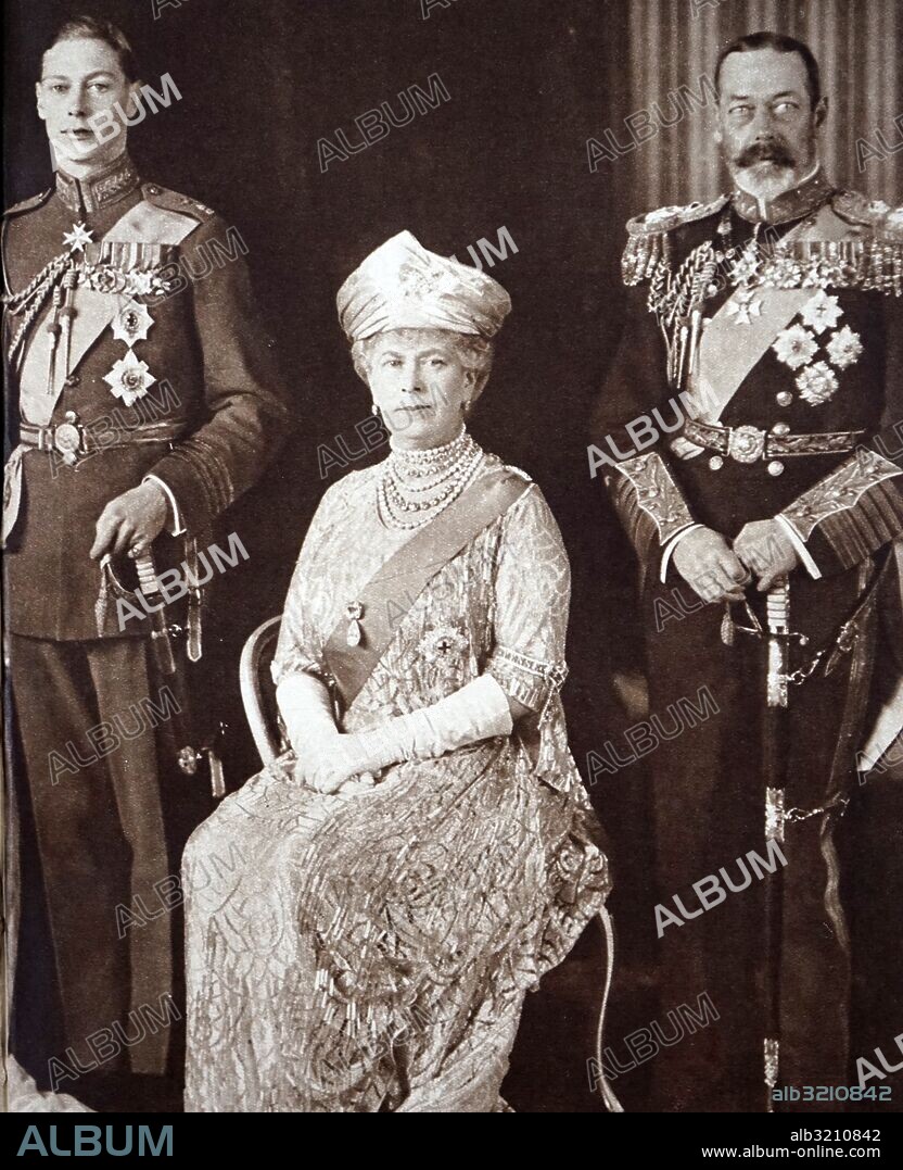 Photograph of Prince Albert Frederick Arthur George (1895-1952) pictured with Queen Mary of Teck (1867-1953) and King George V (1865-1936) on his wedding day. Dated 20th Century.