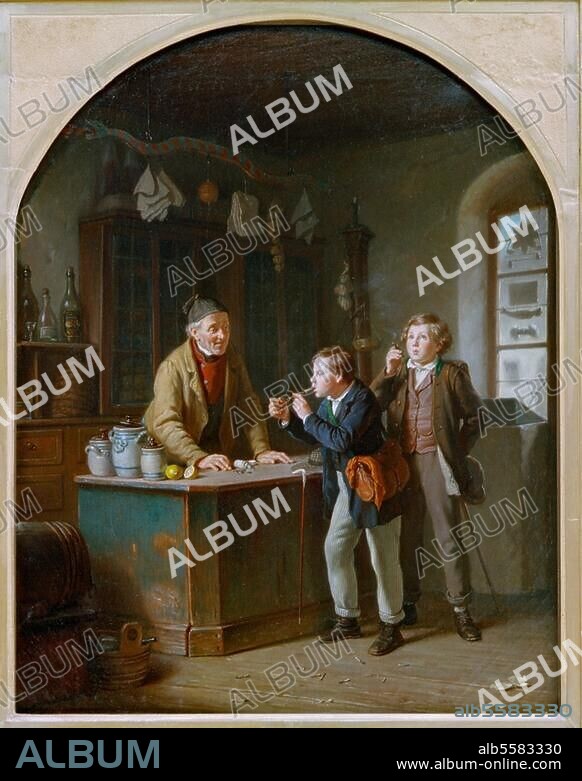 Handel: Tabakwaren. "Ferienfreuden". (Junge, gut gekleidete Burschen beim Zigarrenkauf in einem Krämerladen, einer hat sich bereits eine "ächte Havanna" angezündet). Gemälde, 1862, von Hanno Rhomberg (1820-1869). Öl auf Leinwand, 54,5 × 43,2 cm. Inv. Nr. BST 73. Kaiserslautern, Pfalzgalerie.