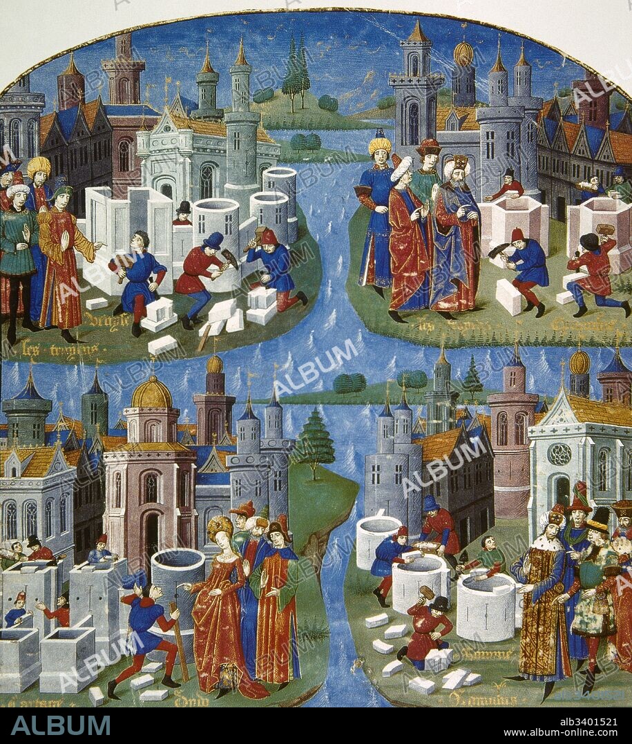 founding different cities of antiquity: Upper part: construction of Troy. Bottom left: Carthage construction by Queen Dido. Bottom right: Construction of Rome by Romulus and Rome. Miniature 15th century century. Biblioteque du Prince. Count Museum. Chantilly France.