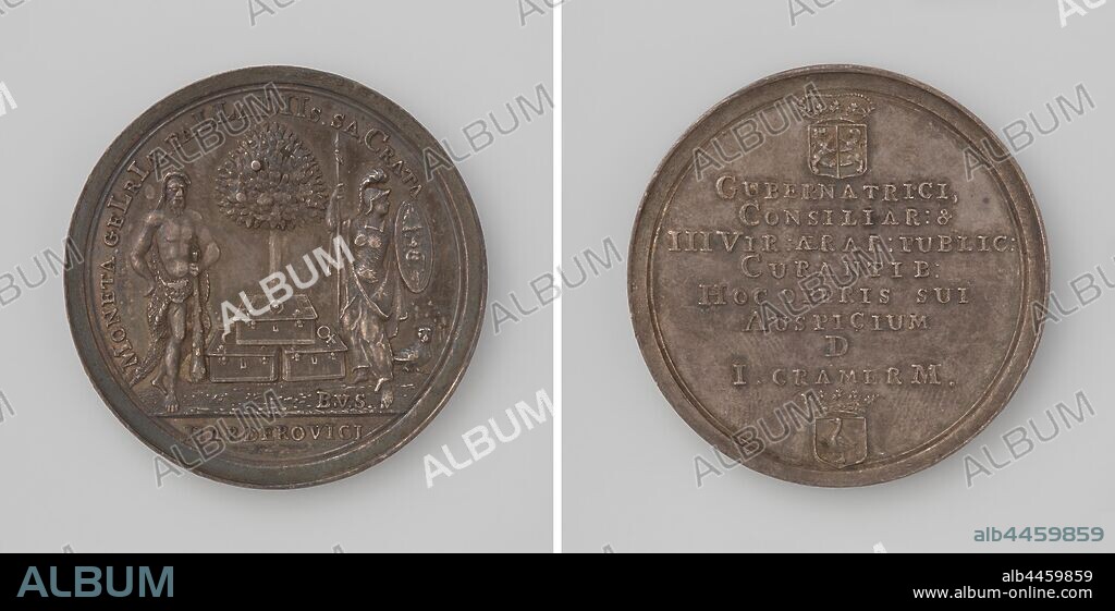 Johannes Cramer, mint master in Harderwijk, Medal honored to the governor and the coin board, Silver Medal. Front: three gel boxes under an orange tree, flanked by Herkules with club and lee skin and Minerva with lance and shield, at her feet an owl within a cover, cut off: inscription. Reverse: inscription below and above a crowned coat of arms, Harderwijk, Anna van Hannover, Bartholomeus van Swinderen (medailleur), 1753, silver (metal), striking (metalworking), d 3.9 cm × w 22.32 gr.
