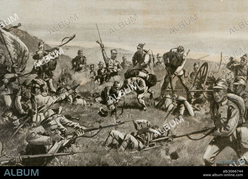 World War I (1914-1918). Serbian military confrontation (Allies) with infantry Hungarian-Croatian (Central Powers), near river Drina, between Loznica and Ljes_nica, Serbia. Engraving."La Esfera", 1915.