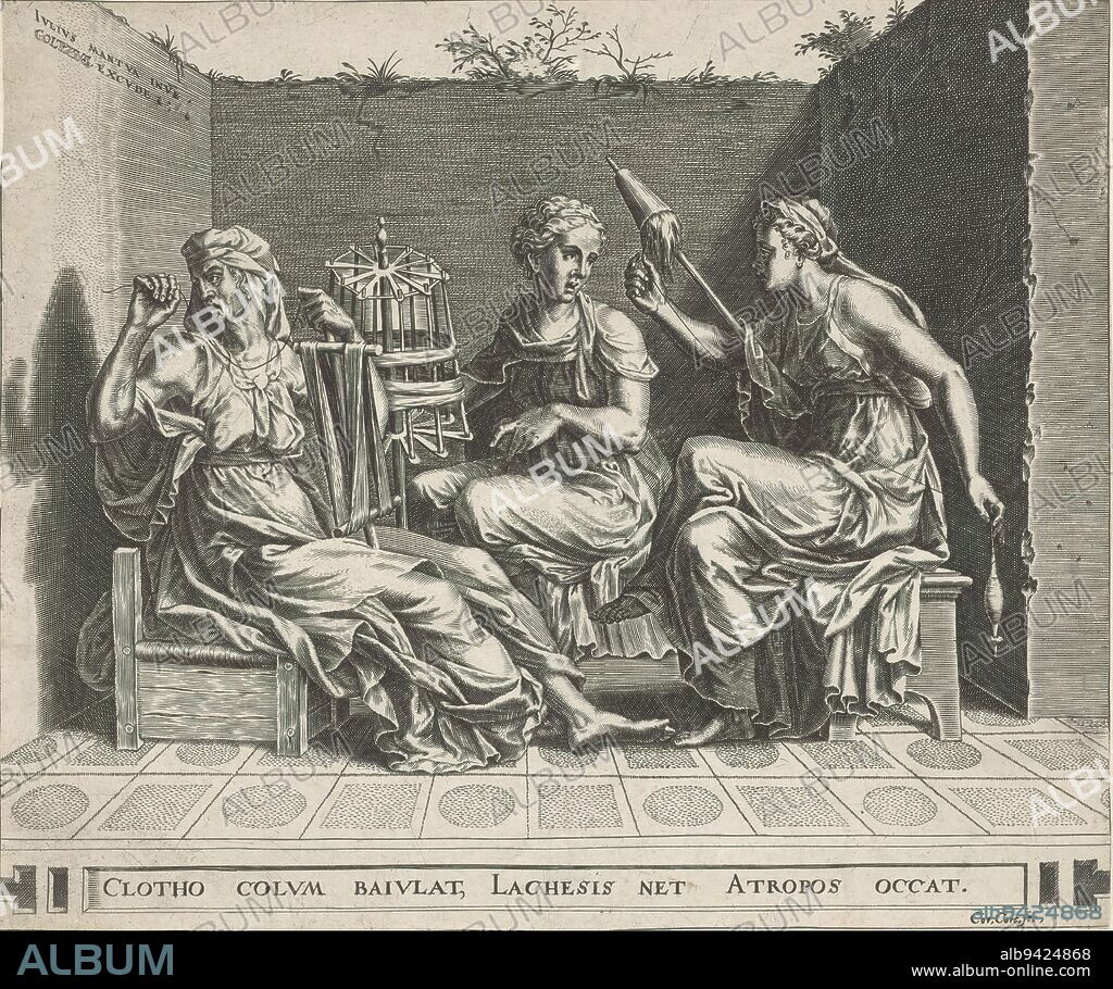 Three arranging goddesses, The three arranging goddesses Klotho, Lachesis and Atropos., print maker: Cornelis Cort, (mentioned on object), after design by: Giulio Romano, (mentioned on object), publisher: Julius Goltzius, (mentioned on object), print maker: Southern Netherlands, after design by: Mantua, publisher: Southern Netherlands, 1561, paper, engraving, height 214 mm × width 256 mm.