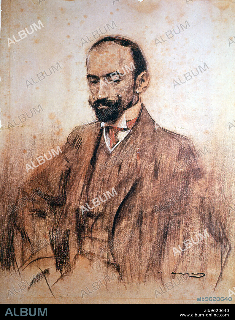 Portrait of Jacinto Benavente, (1866 - 1954), Spanish playwright, Nobel Prize for Literature in 1922, charcoal drawing by Ramón Casas.