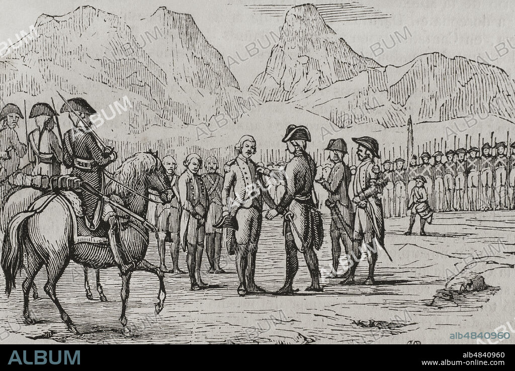 Guerra del Rosellón, también llamada Guerra de los Pirineos o Guerra de la Convención, (1793-1795). Conflicto entre la España de Carlos IV y la Primera República Francesa. Degradación de los oficiales y soldados de Montroig. El Conde de la Unión, Luís Fermín de Carvajal, irritado por la conducta de las tropas a las que se había ordenado tomar la montaña de Montroig, retiró a todos los oficiales y soldados sus escarapelas y distintivos militares, imponiendo penas de por vida, por su impericia y terror que contagiaron al resto de tropas que se congregaron en exceso para tomar la montaña. El mando lo ejercía el brigadirer Taranco. Grabado. "Historia del Levantamiento, guerra y revolución de España", por el conde de Toreno. Madrid,1851.