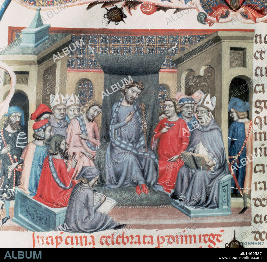 PERE ALBERT. Alfonso IV of Aragon called "the kind" (1299-1336). King of Aragon and count of Barcelona as Alfonso III, from 1327 to his death. Son of James II and Blanche of Anjou. Detail from a folio of "Codex of the Usages" depicting  the Catalan Parliament assembled in Montblanc on 18 June, 1333 under the chairmanship of the king. Paeria Municipal Archives. Lleida. Catalonia. Spain.