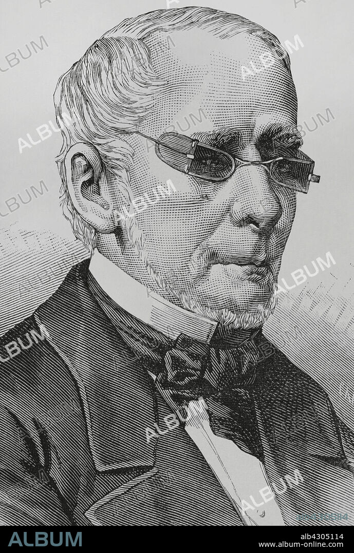 FÉLIX BADILLO (1848-1895). SPANISH ILLUSTRATOR. ARTURO CARRETERO (CA. 1852-1903). SPANISH ENGRAVER.. Francisco Javier Zaldúa (Francisco Javier Martínez de Zaldúa de Racines) (1811-1882). Colombian lawyer and politician, member of the Partido Liberal Colombiano (PLC) (Colombian Liberal Party). President of the United States of Colombia (1 April 1882 to 21 December 1882). Portrait. Drawing by Badillo. Engraving by Arturo Carretero (1852-1901). La Ilustración Española y Americana (The Spanish and American Illustration), 1883.