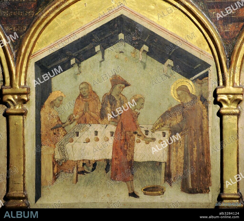 Simone Martini (h.1284-1344). Pintor italiano de la escuela sienesa. San Luís de Tolosa coronando a Roberto de Anjou, rey de Nápoles, 1317. Detalle de la predela con escenas de la vida del santo. Museo de Capodimonte. Nápoles. Italia.