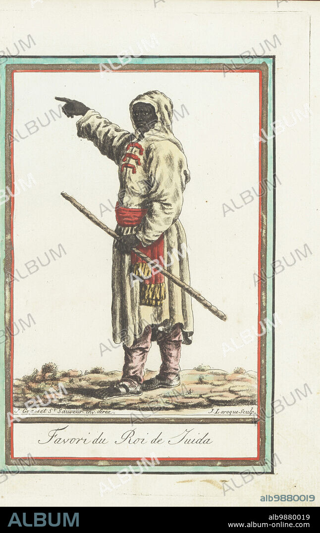 A favourite or first minister of the King of Whydah, Slave Coast, Africa (now Benin). In hooded cloak, sash belt, pantalons and sandals. At the king's death, the favourite was sacrificed along with the king's harem. Favori du Roi de Juida. Handcoloured copperplate engraving by J. Laroque after a design by Jacques Grasset de Saint-Sauveur from his Encyclopedie des voyages, Encyclopedia of Voyages, Bordeaux, France, 1792.