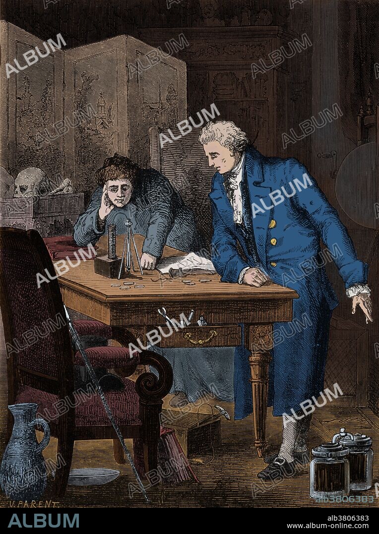 William Nicholson (December 13, 1753 - May 21, 1815) was an English polymath; chemist, natural philosopher, translator, journalist, publisher, inventor, patent agent and civil engineer. Anthony Carlisle (February 15, 1768 - November 2, 1840) was an English surgeon. On May 2, 1800 Nicholson and Carlisle discovered electrolysis by passing a voltaic current (direct electric current) through water, decomposing it into its constituent elements of hydrogen and oxygen (producing chemical reactions at the electrodes and separation of materials). The two were then appointed to a chemical investigation committee of the new Royal Institution. This image has been colorized.