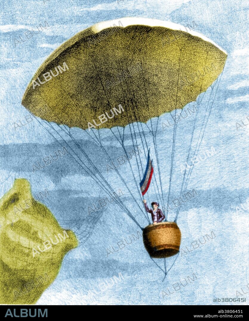 Print shows Garnerin, first man to descend in a parachute, standing in the gondola of his parachute waving a French flag after release from his balloon (shown deflated at left). AndrÃ©-Jacques Garnerin (January 31, 1769 - August 18, 1823) was a balloonist and inventor of the frameless parachute. A student of the ballooning pioneer professor Jacques Charles, he was involved with the flight of hot air balloons, and worked with his brother Jean-Baptiste-Olivier Garnerin in most of his ballooning activities. He began experiments with early parachutes based on umbrella-shaped devices and carried out the first parachute descent (in the gondola) with a silk parachute on October 22, 1797 at Parc Monceau, Paris. He visited England in 1802, with his wife Jeanne GeneviÃ¨ve, during the Peace of Amiens and the couple completed a number of demonstration flights. He died in 1823, at the age of 54, in a construction accident when he was hit by a beam while making a balloon in Paris.
