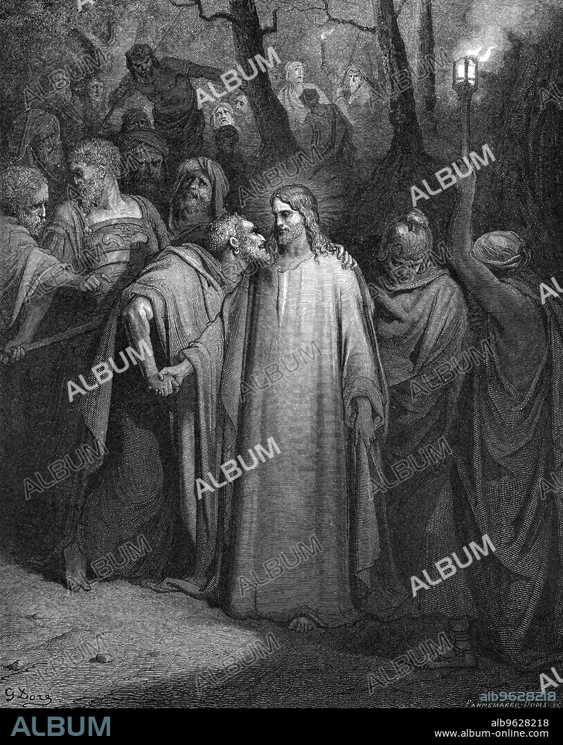 GUSTAVE DORÉ. Judas betraying Christ with a kiss, 1866. From the Bible (Matthew 26.9).