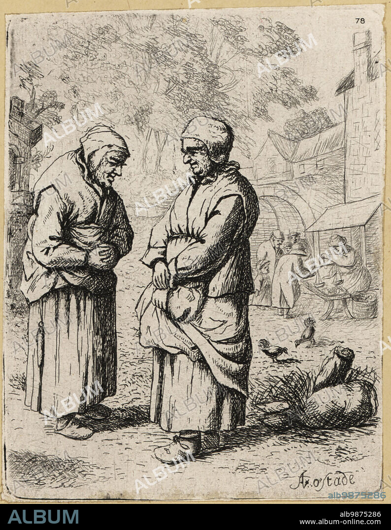 17th century Dutch peasant women gossiping in a village street. They wear caps, aprons, skirts and clogs. The two gossips. 1642. Copperplate engraving by David Deuchar after an original by Adriaen van Ostade from A Collection of Etchings after the most Eminent Masters of the Dutch and Flemish Schools, Edinburgh, 1803.