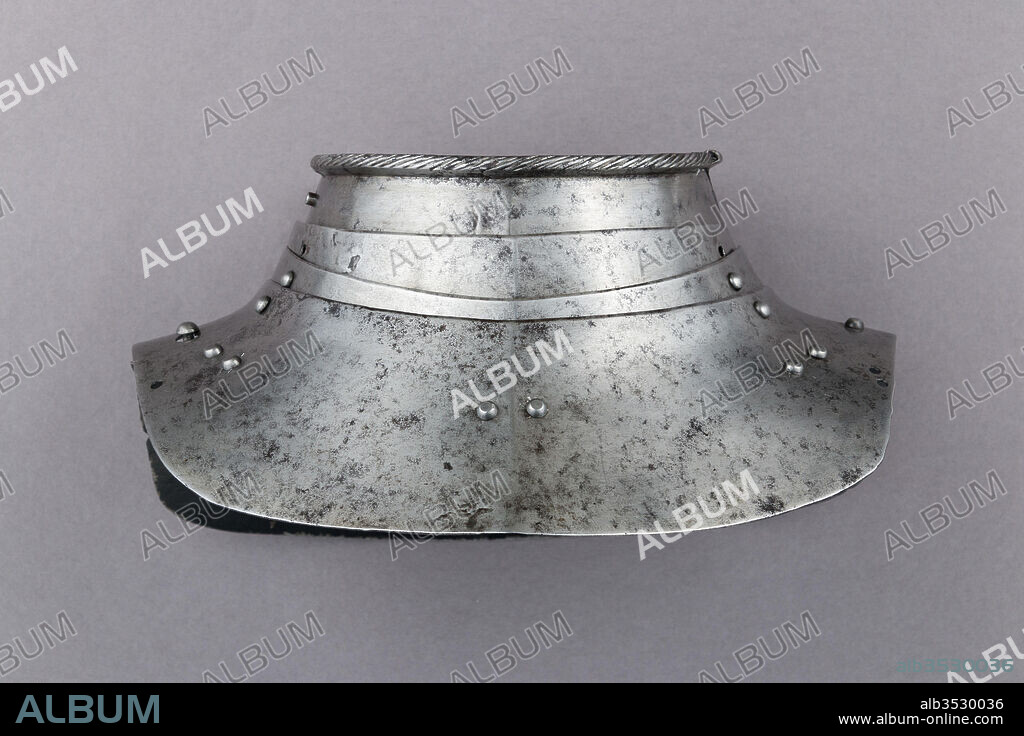 Gorget, ca. 1525–75, German, Steel, leather, H. 6 3/4 in. (17.1 cm); W. 11 in. (27.9 cm), Armor Parts-Colletins, Burgonets and gorgets were among the most practical and widely used forms of armor for protecting the vital areas of head and neck. Examples like this gorget were worn by common soldiers, mercenaries, and militia troops across Europe.