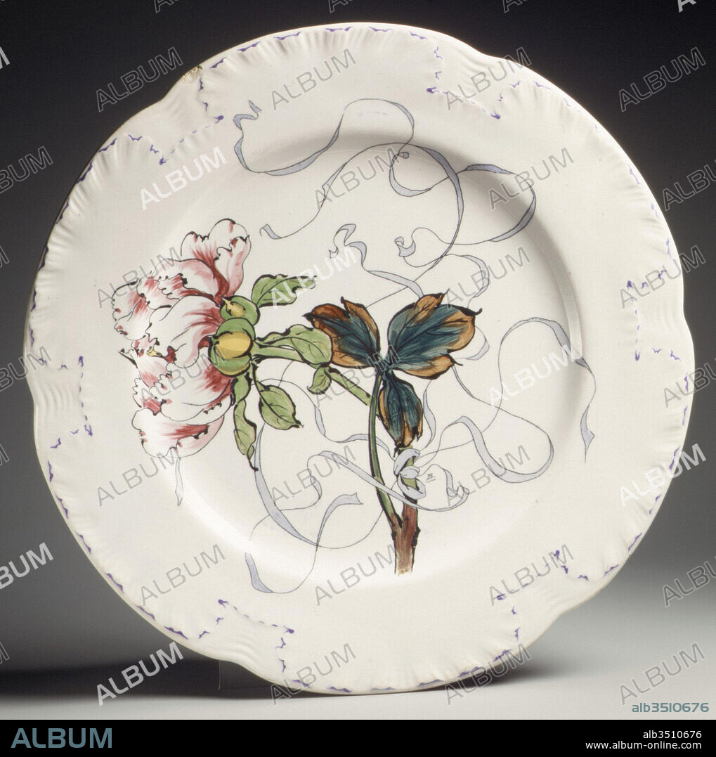 Plate, 1879, French, Creil, Glazed earthenware, Diameter: 10 1/8 in. (25.7 cm), Ceramics-Pottery, This plate is one of ten, each painted with a different flower amid ribbons, from the Service Fleurs et rubans designed by Félix Bracquemond in 1879. Produced both in earthenware by Creil and in porcelain by Haviland, the Creil version makes use of a model of plate supplied by Bracquemond in 1866.