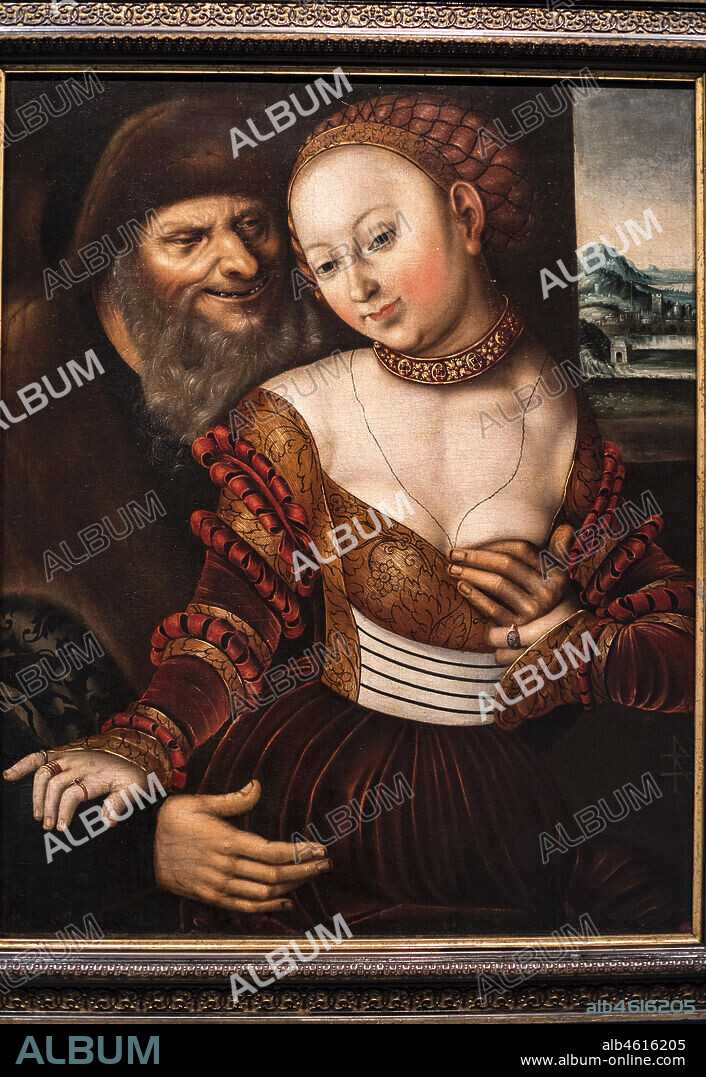 Unequal lovers couple (between 1520-1550),circle of Lucas Cranach said "the old".Oil on canvas.