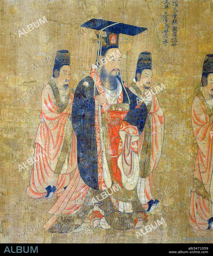 Emperor Wen of Sui (541–604), personal name Yang Jian, Xianbei name Puliuru Jia), nickname Naluoyan, was the founder and first emperor of China's Sui Dynasty. He was a hard-working administrator. As a Buddhist, he encouraged the spread of Buddhism through the state. Yan Liben (Wade–Giles: Yen Li-pen, c. 600-673), formally Baron Wenzhen of Boling, was a Chinese painter and government official of the early Tang Dynasty. His notable works include the Thirteen Emperors Scroll and Northern Qi Scholars Collating Classic Texts. He also painted the Portraits at Lingyan Pavilion, under Emperor Taizong of Tang, commissioned in 643 to commemorate 24 of the greatest contributors to Emperor Taizong's reign, as well as 18 portraits commemorating the 18 great scholars who served Emperor Taizong when he was the Prince of Qin. Yan's paintings included painted portraits of various Chinese emperors from the Han Dynasty (202 BC-220 AD) up until the Sui Dynasty (581-618) period.