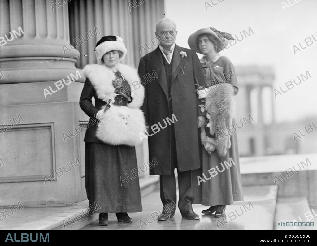 HARRIS & EWING. Champ Clark, Rep. from Missouri, with Helen Cox, Left, and Daughter Genvieve [sic], 1912. [US politician and Speaker of the House Champ Clark, Representative 1893-1895, and 1897-1921, and daughter Genevieve Clark, suffragist and campaigner, right].