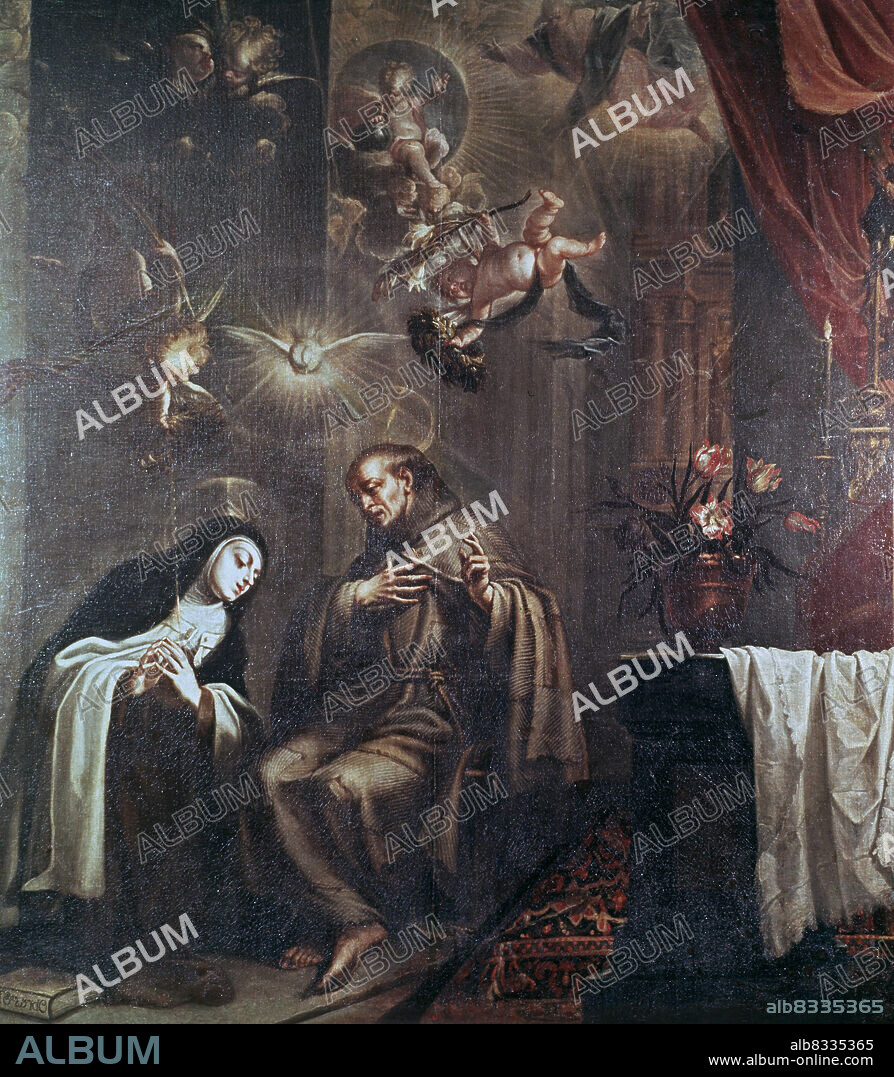 JOSÉ GARCÍA HIDALGO. PEDRO DE ALCANTARA, SAN. SAN PEDRO GARAVITO. REFORMADOR ESPAÑOL . ALCANTARA 1499-1562. " SAN PEDRO DE ALCANTARA CONFESANDO A SANTA TERESA DE JESUS ". OLEO DE JOSE GARCIA HIDALGO.