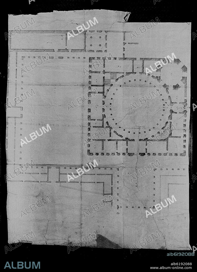 PLANTA DEL PALACIO DE CARLOS V DE GRANADA - SIGLO XVI - FOTOGRAFIA EN BLANCO Y NEGRO - AÑOS 60.