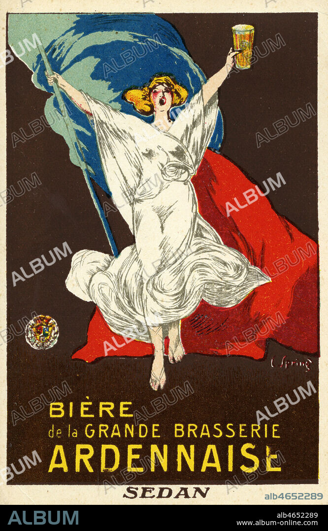 'Biere de la grande brasserie ardennaise, Sedan'. Carte postale publicitaire vers 1925. Illustration (C. Spring? illisible). Credit : Collection IM/KHARBINE-TAPABOR.