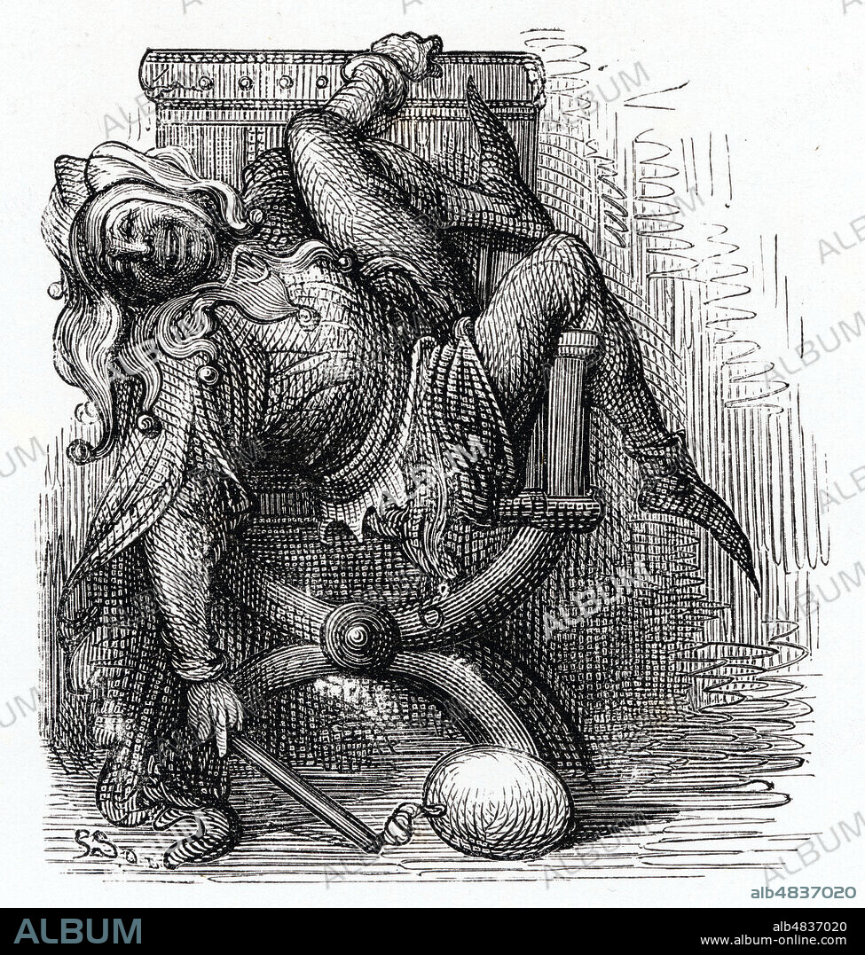 Triboulet. Illustration de Gustave DORE (1832-1883) pour Le tiers livre des faits et dits heroiques du bon Pantagruel tiree de l'ouvrage Oeuvres de Francois RABELAIS (1483-1553). (Livre 3, Chapitre XLV). Edition de 1873. Credit : Collection KHARBINE-TAPABOR.