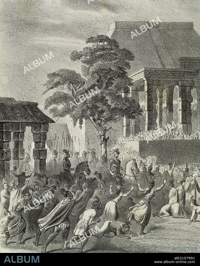 CONQUISTA DE MEXICO (1519). Despúes de vencer a los indios en Otumba, los españoles tuvieron que refugiarse en la ciudad amiga de Tlaxcala, donde se preparó la segunda conquista de Tenochtitlán (1521). "ENTRADA TRIUNFAL DE LOS ESPAÑOLES EN TLAXCALA". Grabado de "Historia de España", siglo XIX.
