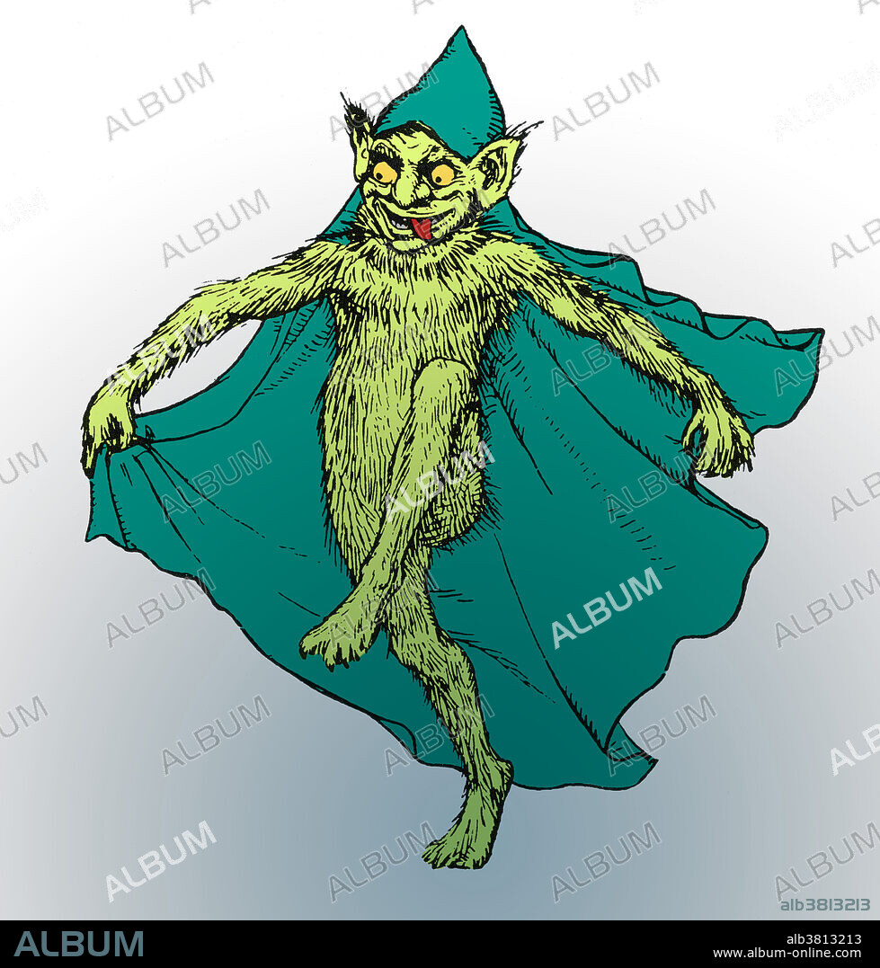 Colour enhanced illustration of a brownie, a legendary creature popular in folklore around Scotland and England. It is the Scottish and Northern English counterpart of the Scandinavian tomte, the Slavic domovoi and the German Heinzelmennchen. In folklore, a brownie resembles the hob, similar to a hobgoblin and is sometimes described as an industrious fairy. Brownies are said to inhabit houses and aid in tasks around the house. However, they do not like to be seen and will only work at night, traditionally in exchange for small gifts of food. Illustration in Jacob's English Fairy Tales, (1892) unknown illustrator. Colour.