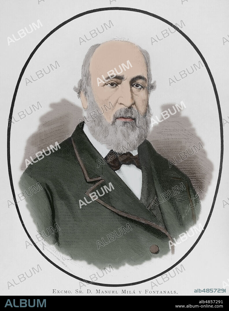 ARTURO CARRETERO (CA. 1852-1903). SPANISH ENGRAVER AND XYLOGRAPH. FÉLIX BADILLO (1848-1895). SPANISH ILLUSTRATOR.. Manuel Milá y Fontanals (1818-1884). Filólogo, historiador y crítico literario español. Retrato. Dibujo por Badillo. Grabado por Arturo Carretero (1852-1903). Coloreado. La Ilustración Española y Americana, 1884.