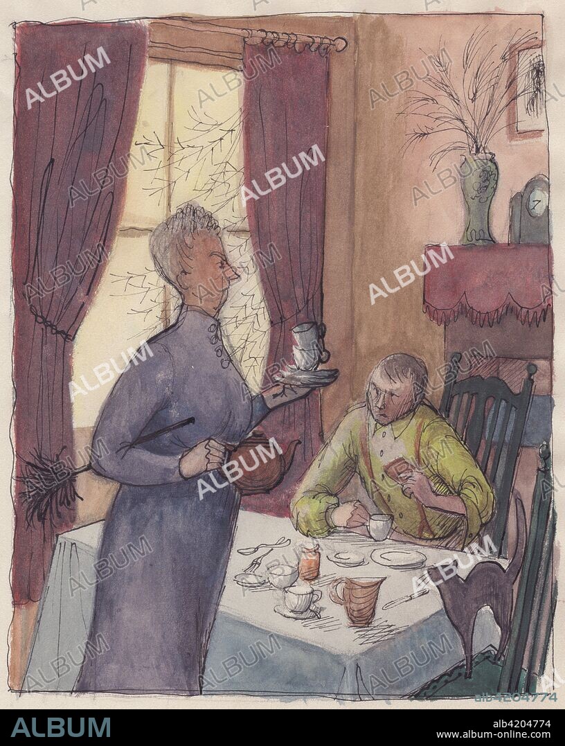 Boarding house landlady, 1952. Shirley Markham (1931-1999) studied Graphic Design and Illustration at Central School of Art in London from 1950-1952. The writer, artist, poet, and illustrator Mervyn Peake (1911-1968) was one of her tutors, and her style of drawing was also influenced by other British illustrators such as Edward Ardizzone, Quentin Blake and Edward Bawden. Markham spent time in the Dolomite Mountains in Italy, and also visited Rome, sketching classical buildings. After graduating from Central, she worked as a graphic designer, producing book illustrations, cartoons for comics, menus and programmes. She gave up her promising career however when she got married in 1957. Middle-class women at that time were expected to devote their energies to bringing up children and running the home, and despite her obvious talent, she lacked the confidence to return to illustration. Her portfolio remained in the family attic for many years, but now her work is published here for the first time.