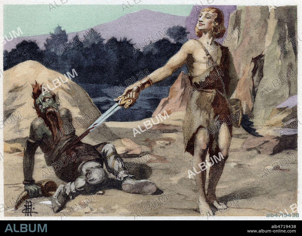 Siegfried tuant le nain Mime qui tentait de l'empoisonner. Illustration de Edmond MALASSIS (1874-1940) pour Siegfried tire de La Tetralogie de Richard WAGNER (1813-1883) L'Anneau du Nibelung (Der Ring des Nibelungen). Credit : collection Kharbine-Tapabor.