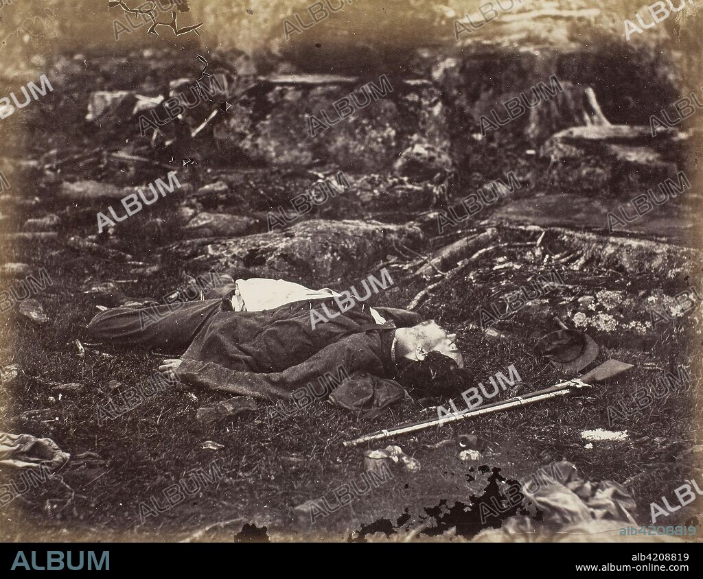 A Sharpshooter's Last Sleep, Gettysburg, Pennsylvania. Alexander Gardner; American, born Scotland, 1821-1882. Date: 1863. Dimensions: 17.7 x 22.9 cm (image/paper); 31.2 x 44.8 cm (album page). Albumen print, pl. 40 from the album "Gardner's Photographic Sketch Book of the War, vol. 1" (1866). Origin: United States.