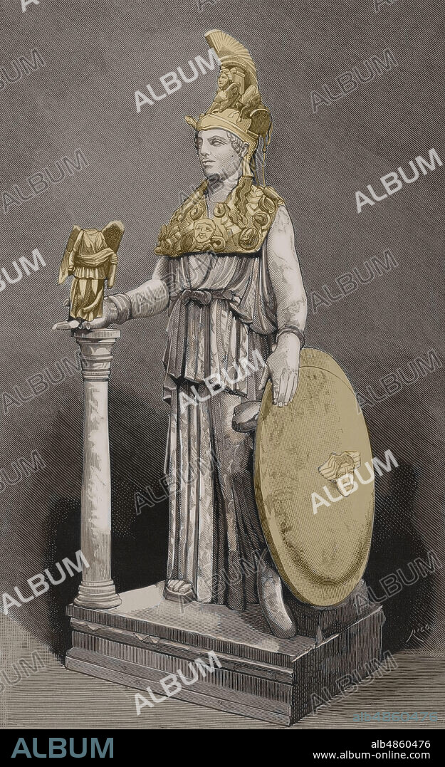 Reproducción de la estatua realizada por el escultor clásico griego Fidea de la diosa Atenea (La Minerva romana), conocida por"Atena Partenos". Grabado por Rico. La Ilustración Española y Americana,8 de marzo de 1881. Coloreado.