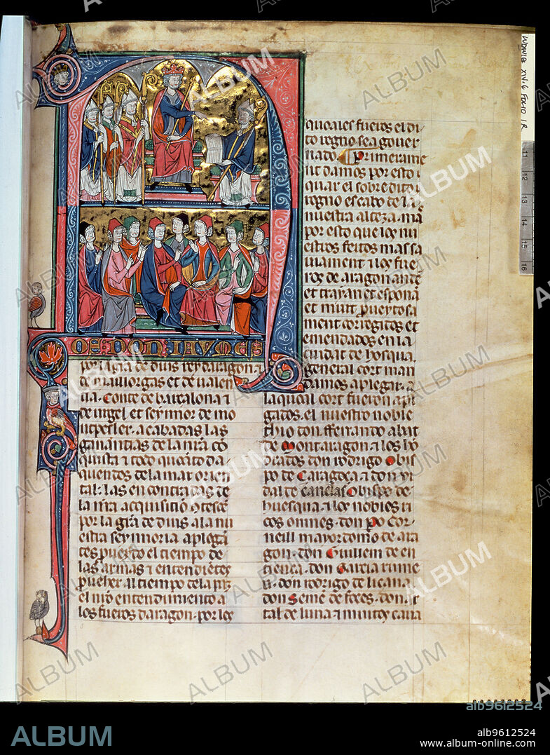 Vidal Canellas offering his text to King James I, Miniature in 'Vidal Mayor', an illuminated manuscript, c. 1290-1310.