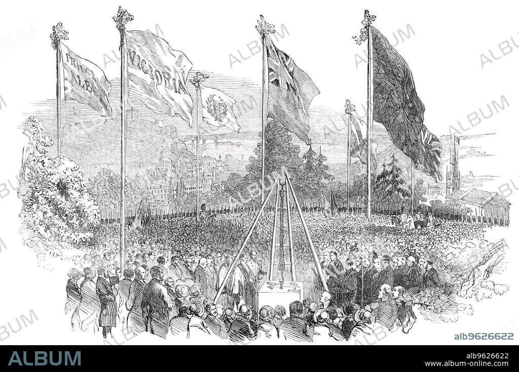 The Laying of the Foundation-Stone of Victoria College, Jersey, 1850. Building...to commemorate the visit of the Queen and the Prince Consort to the island in 1846...On the site of the ceremony were placed several lofty poles surmounted with immense flags...the Bailiff, Sir Thomas Le Breton, deposited in the cavity of the under foundation-stone a lead box, containing copies of the States' Acts, the various coins of the present reign, Jersey pence, halfpence, and farthings...also, a copper-plate, with an inscription recording the day's ceremony...The Lieutenant-Governor and Commander of the Forces of the island, Sir James Henry Reynett, K.C.H., then laid the stone with due form, and addressed a few words to the Bailiff and Gentlemen of the States, congratulatory of the event...and the Dean solemnly blessed the work'.  From "Illustrated London News", 1850.