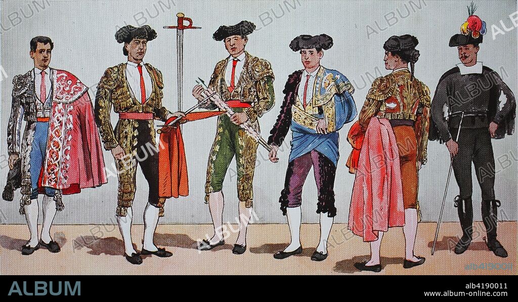 Fashion, clothing in the bullfights in Spain for modern history, from left, a matador with richly decorated coat, then an espada, the fencer, then a Banderillero, then a bullfighter, then a bullfighter with capote, the fencing coat and an Alguacil in Old Spanish Tracht of the guards, digital improved reproduction from an original from the year 1900.
