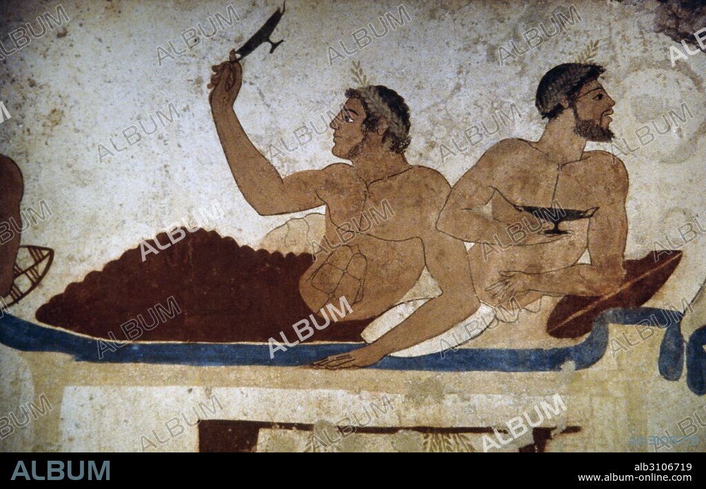 Tomb of the Diver. 470 BC. Fresco depicting a Symposium scene. Detail. Paestum National Archaeological Museum. Italy.