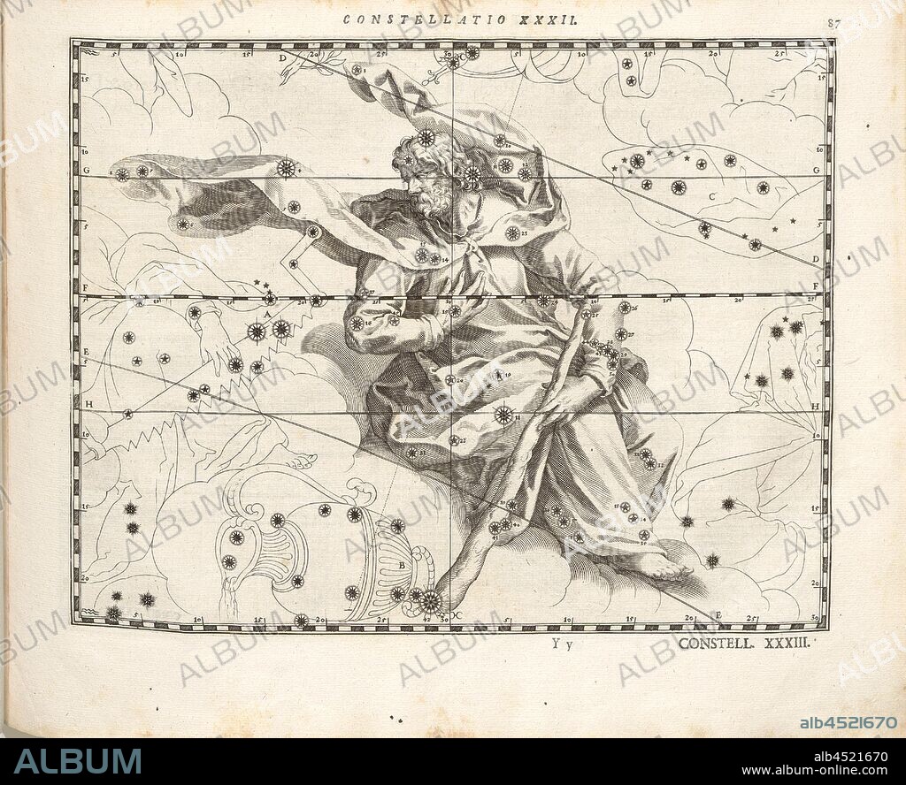 Aquarius, Constellation Aquarius, Constellatio XXXII, p. 87, Bayer, Johann; Kager, Johann Matthias; Kilian, Lucas; Schecks, Kaspar, 1627, Julius Schiller: Coelum stellatum christianum (...). Augustae Vindelicorum [Augsburg]: praelo Andreae Apergeri, 1627.