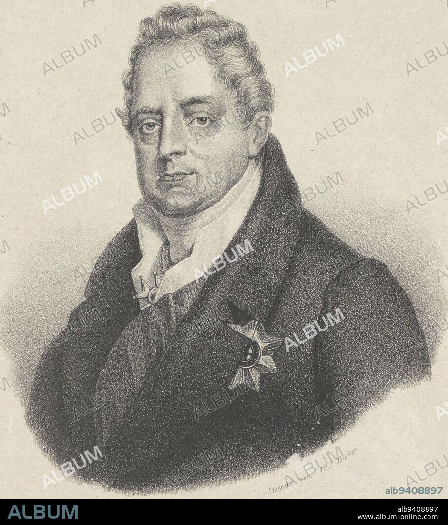 The subject wears a decoration on his chest and around his neck Beneath the portrait his name, Portrait of William IV, King of the United Kingdom, print maker: anonymous, printer: Hilmar Johannes Backer, (mentioned on object), Dordrecht, 1822 - 1845, paper, h 440 mm - w 310 mm, h 215 mm - w 152 mm.