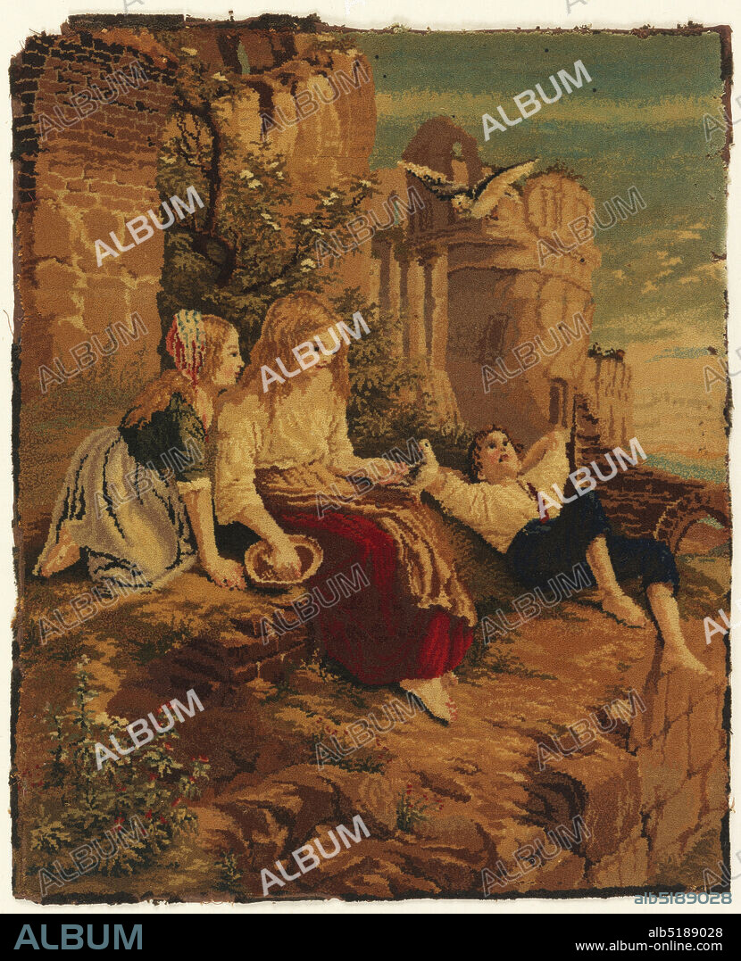 Tapestry, John Crossley & Sons Ltd, English, 1850 - 1869, Medium: worsted threads on linen Technique: adhesive, 'Mosaic' carpet. Worsted threads glued on linen backing showing a scene of a reclining youth and two girl with birds on a rocky outcrop below ruins., England, 18591869, woven textiles, Tapestry.