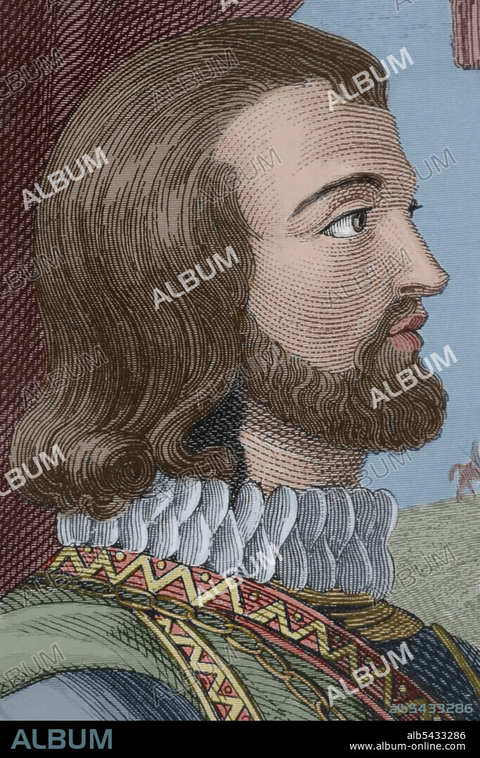 ANTONIO ROCA SALLENT (1813-1864). SPANISH ENGRAVER.. John I of Castile (1358-1390). King of Castile from 1379 until 1390. Portrait, detail. Engraving by Antonio Roca. Later colouration. Las Glorias Nacionales, 1853.