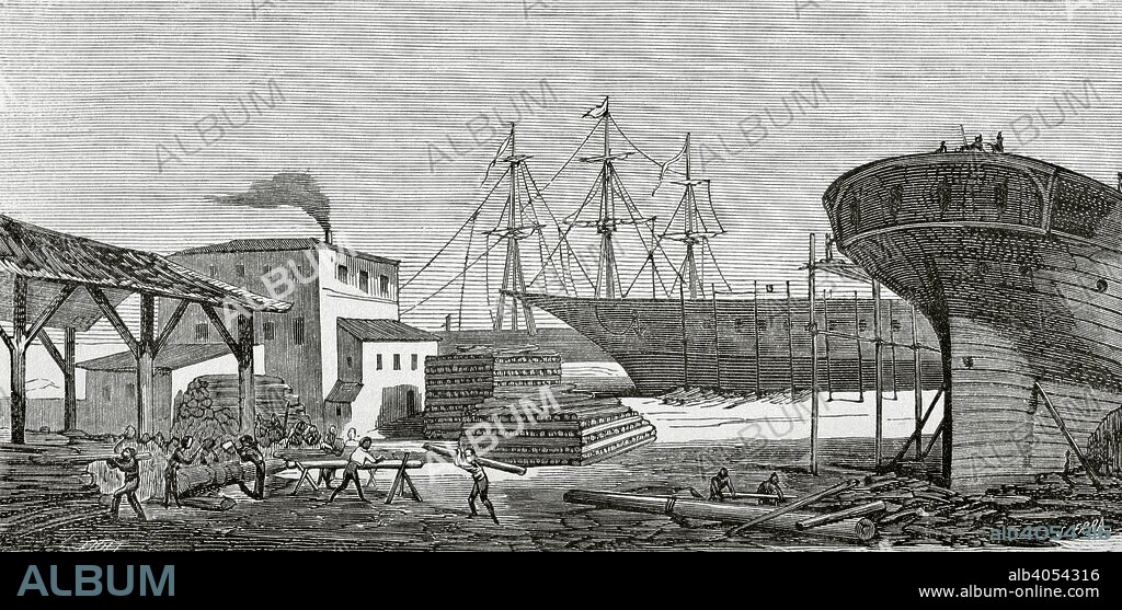 España. Andalucía. Huelva. Astilleros. Grabado por Sierra. Crónica General de España, Historia Ilustrada y Descriptiva de sus Provincias. Andalucía, 1867. Biblioteca Histórico Militar de Barcelona, Cataluña, España.